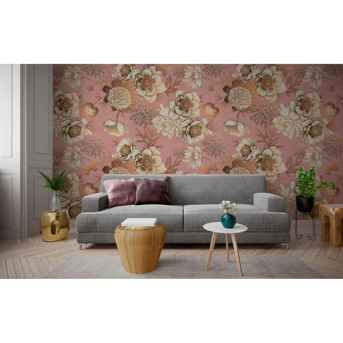 MADELEINE - Papier peint panoramique motif floral Rose 336x280cm
