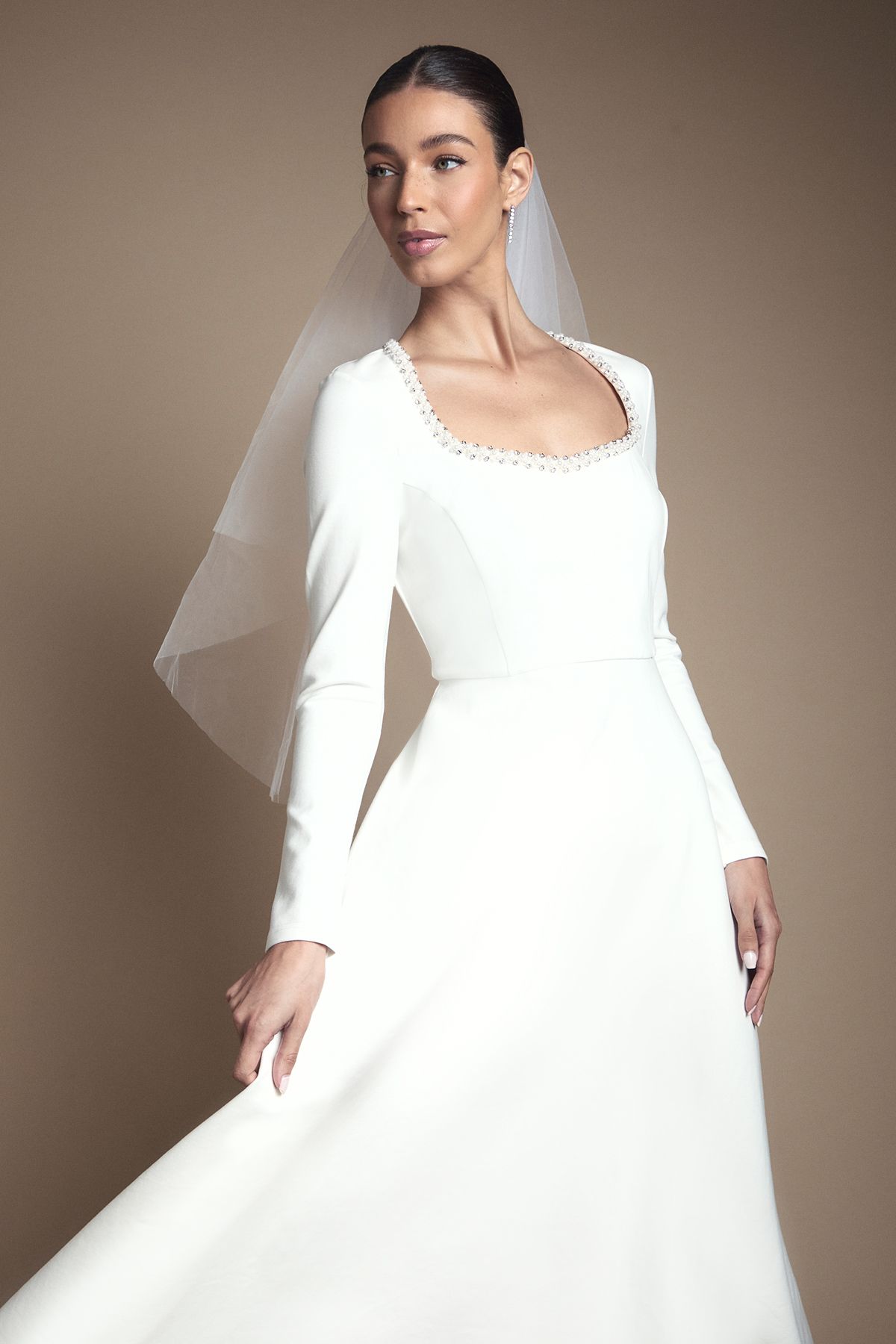 Coast Crystal Trim Ponte Long Sleeve Midi Wedding Dress