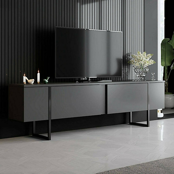 Meuble TV Abishia, Buffet de salon, Armoire basse pour TV, Base murale de rangement, 180x30h50 cm, Anthracite et Noir