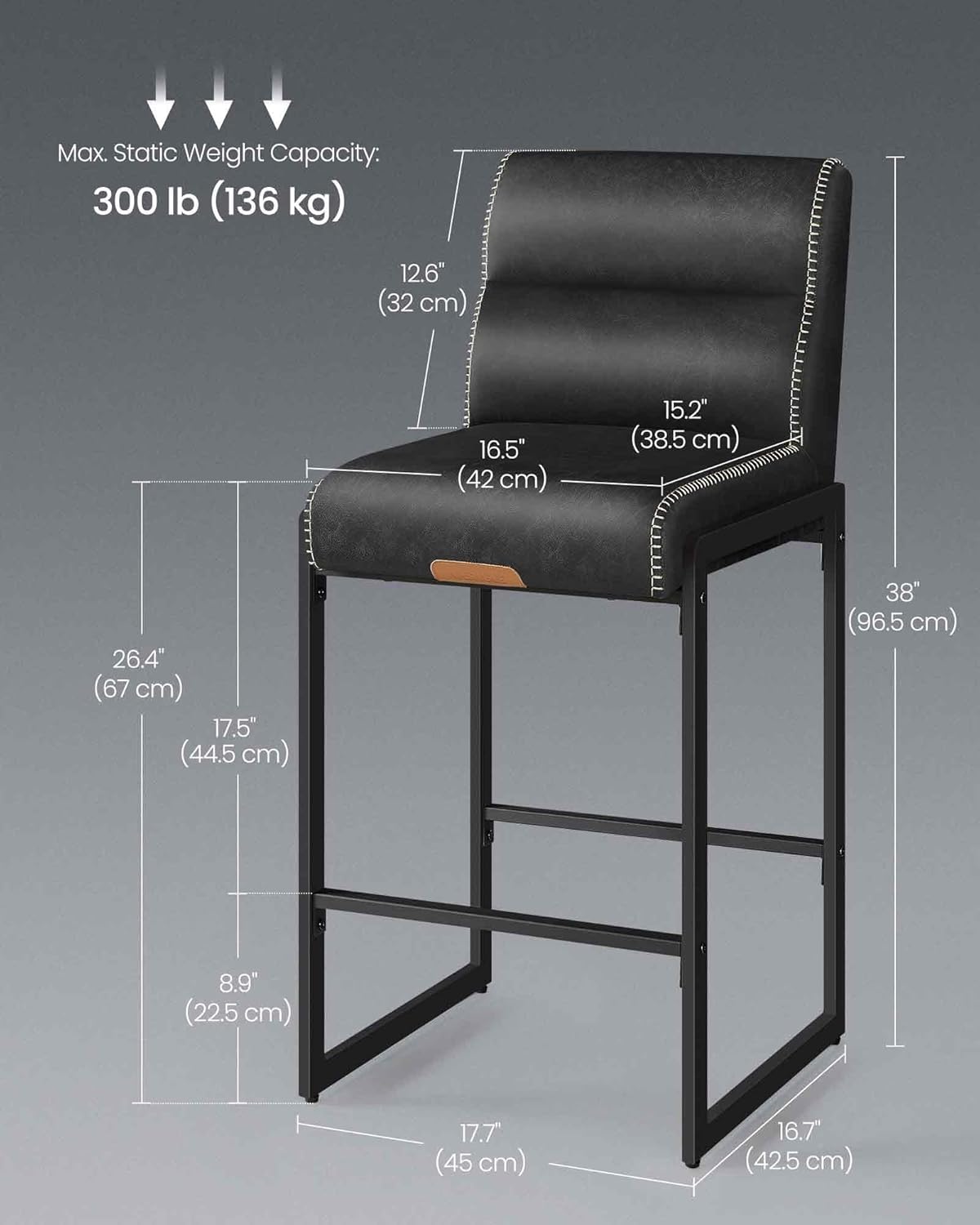 VASAGLE EKHO Collection - Bar Stools Set of 4, Counter Height Stools with Backs, 26.4-Inch Barstools Chairs, Synthetic Leather with Stitching, Mid-Century Modern, Dining Kitchen Island, Ink Black