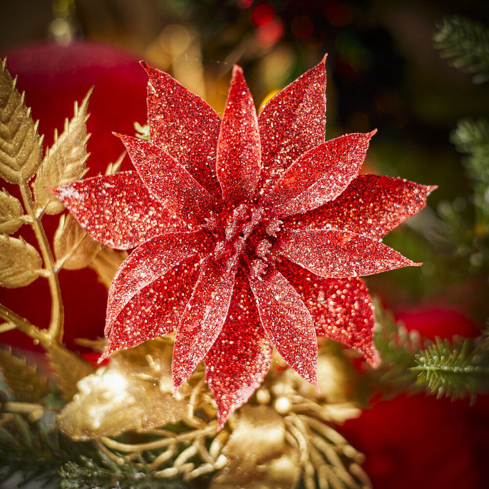 Fleur rouge à paillettes à suspendre No&euml;l x3