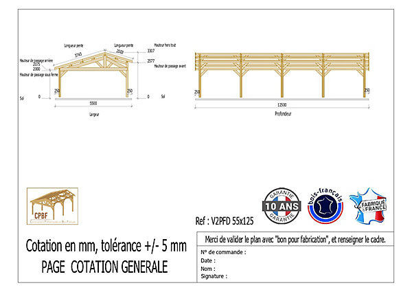 Carport 2 pentes faitage décalé 550cmx1250cm, Bois DOUGLAS Français(Charpente en bois-auvent-abri voiture)68 m².Garantie 10 ans