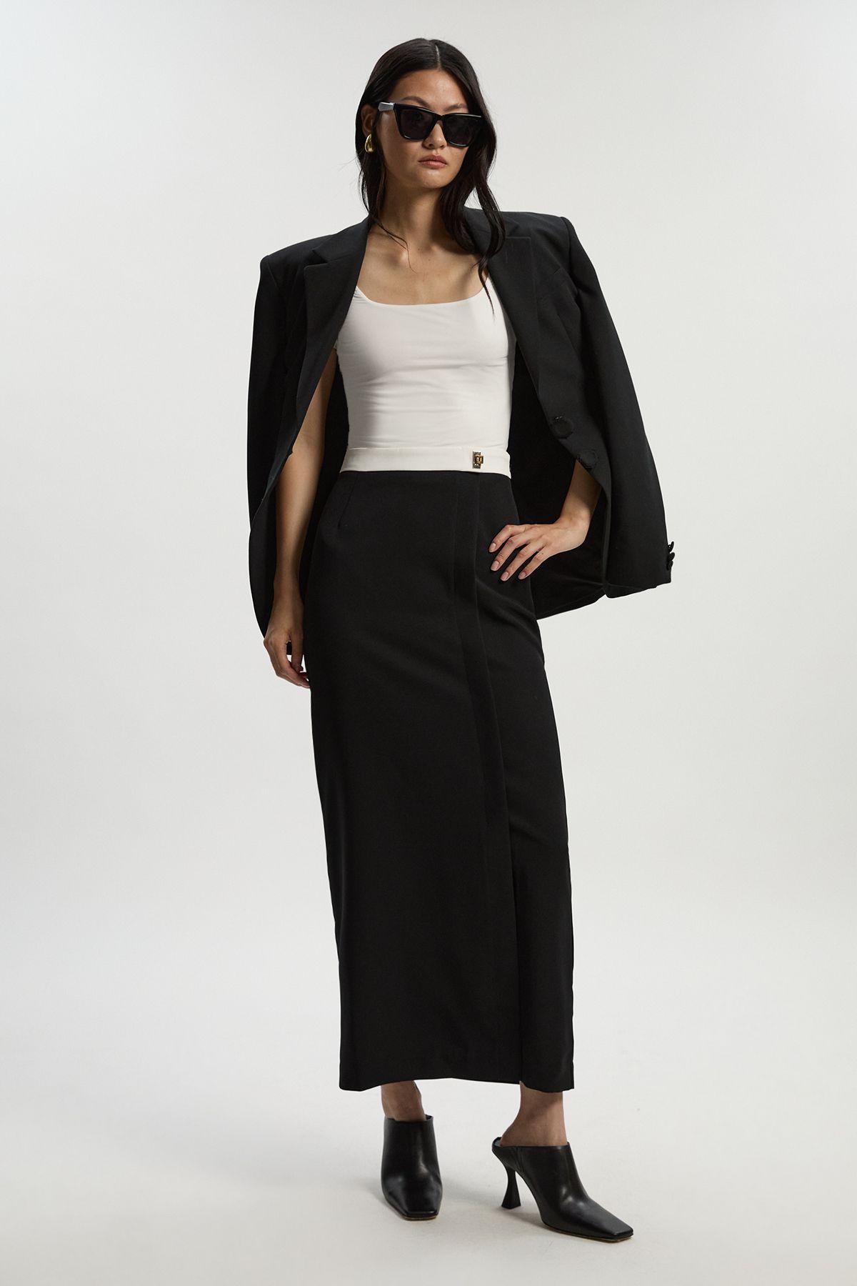 KarenMillen Twill Contrast Hardware Woven Midi Skirt