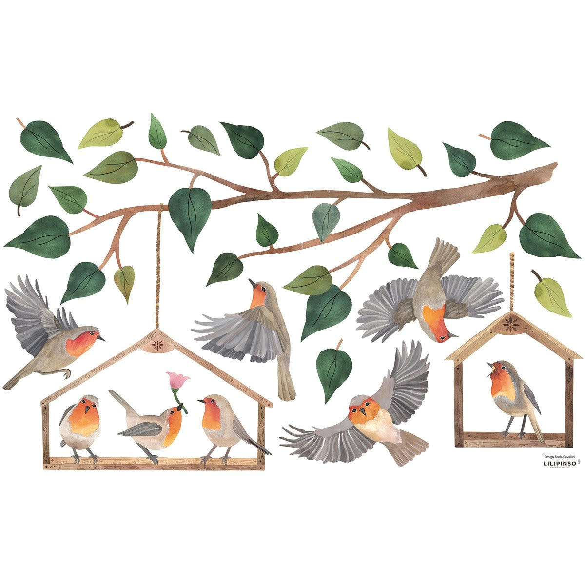 QUEYRAN - Stickers branches et oiseaux en Vinyle mat Vert 64x40 cm