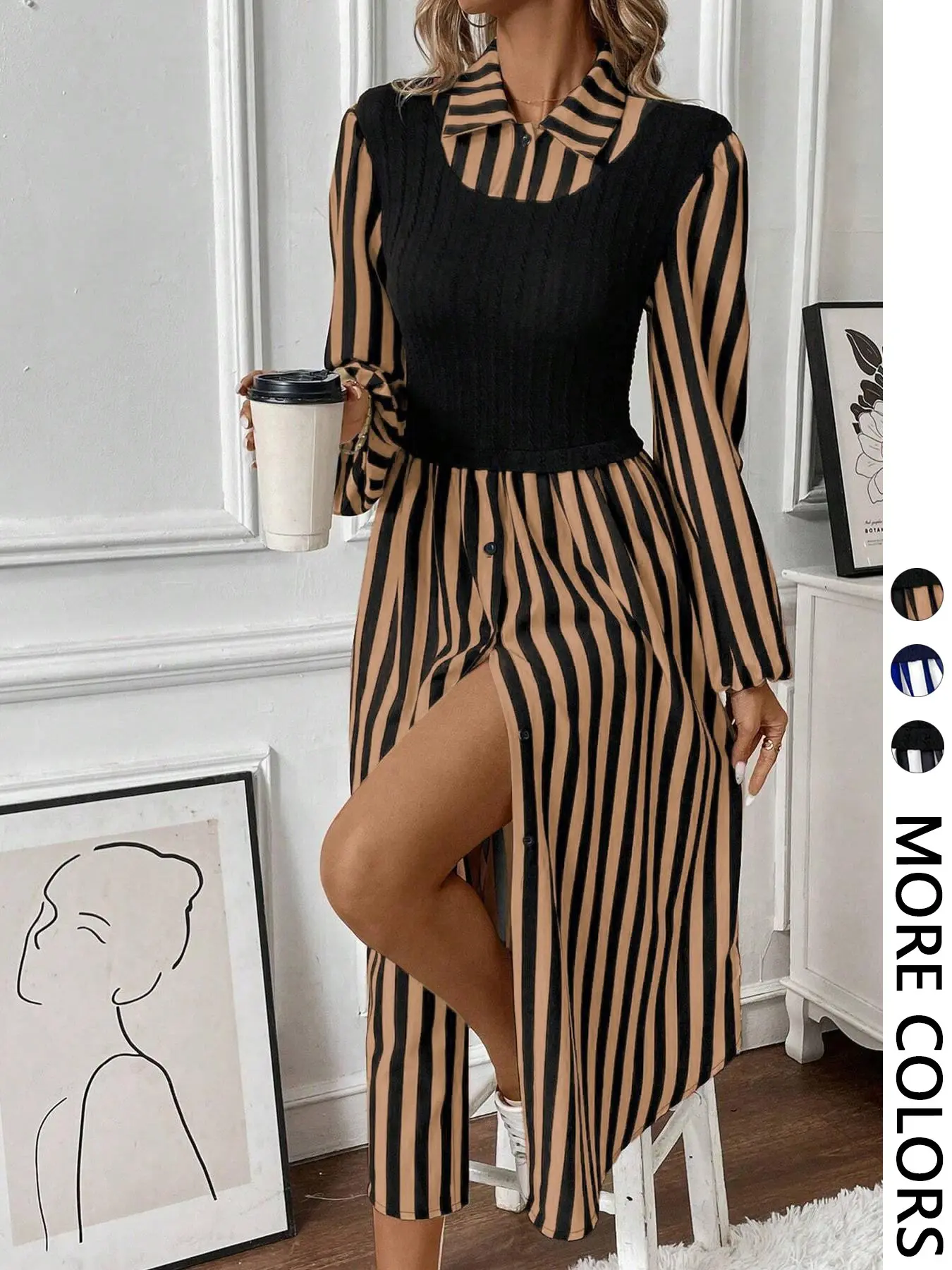 Women's Long Sleeve Striped Button Front Shirt Dress with Layered Design, Fitted, Casual Spring & Fall Fashion, Elegant Chic Outfit, Casual Classy Dress