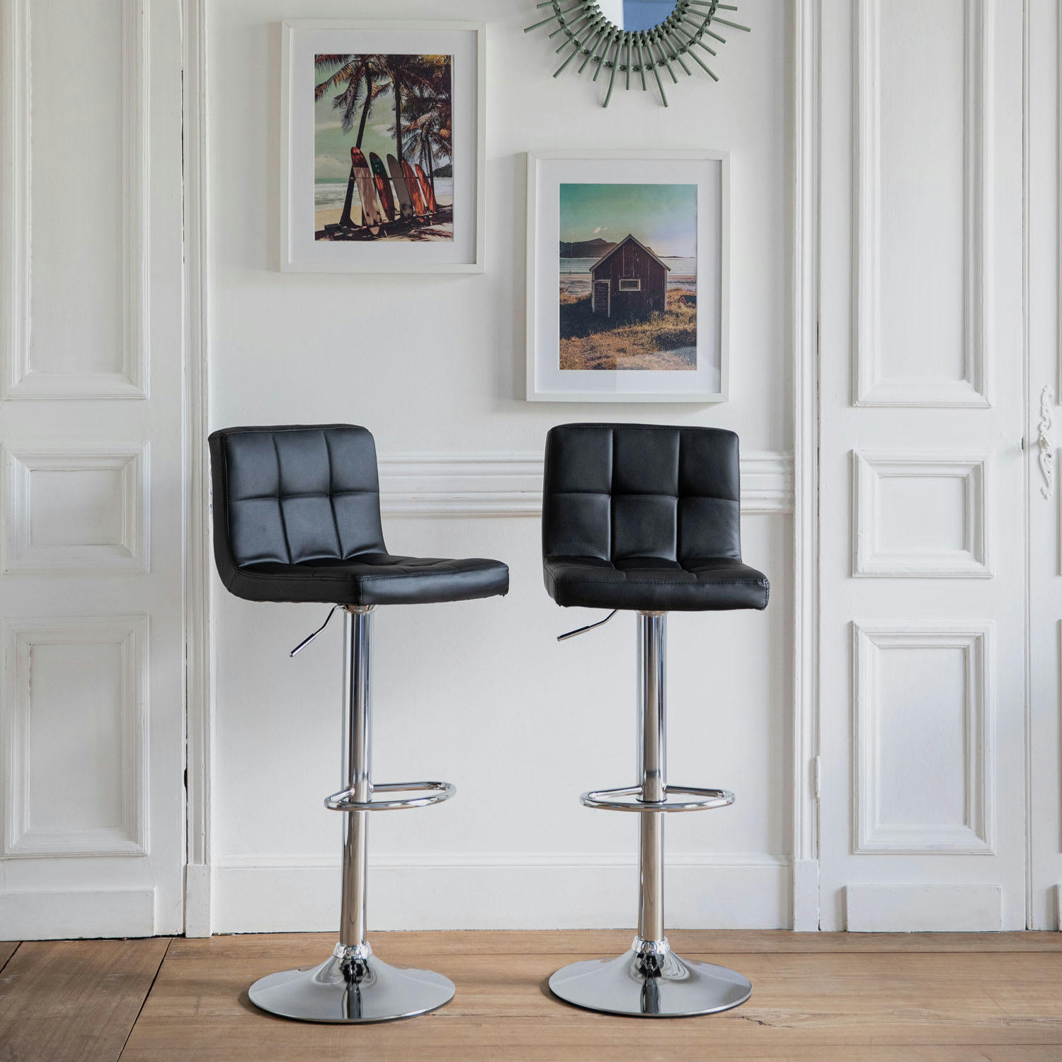 MIKE - Lot de 2 tabourets de bar en simili cuir noir