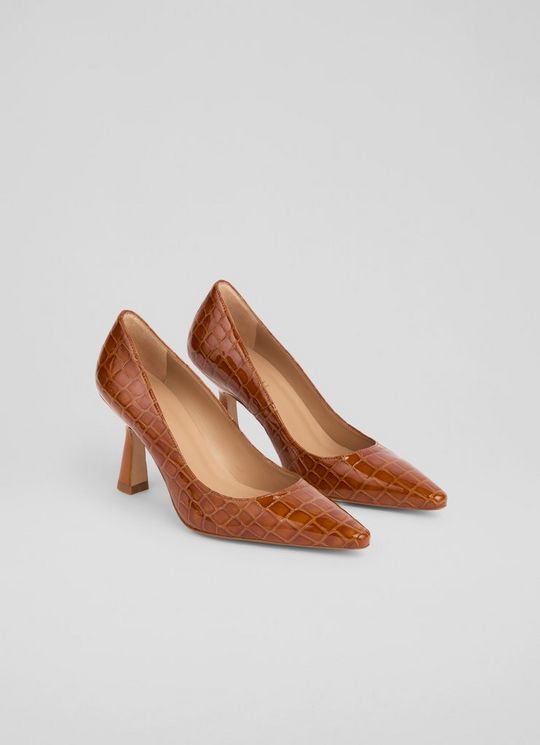 Florena Tan Croc Leather Heel Courts