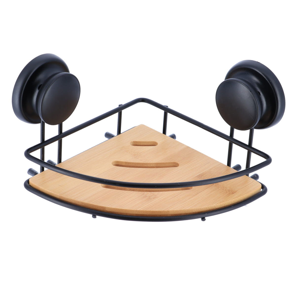 Suporte de canto preto em metal e bambu com ventosas