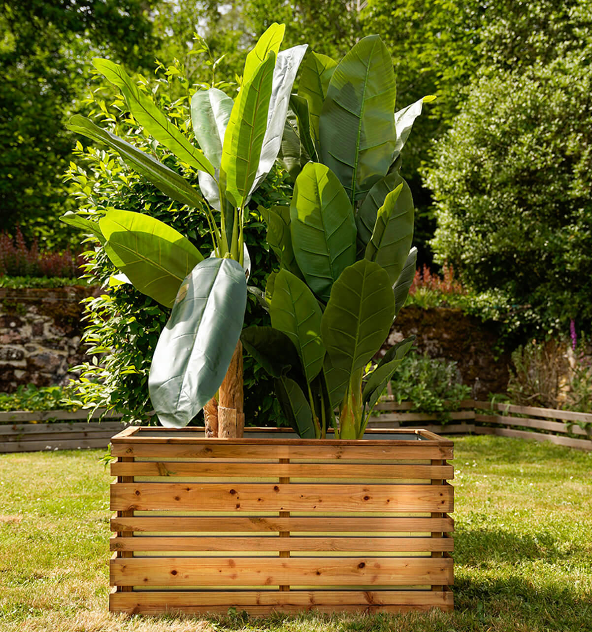 - Bac à fleurs en bois teinté marron L-100cm