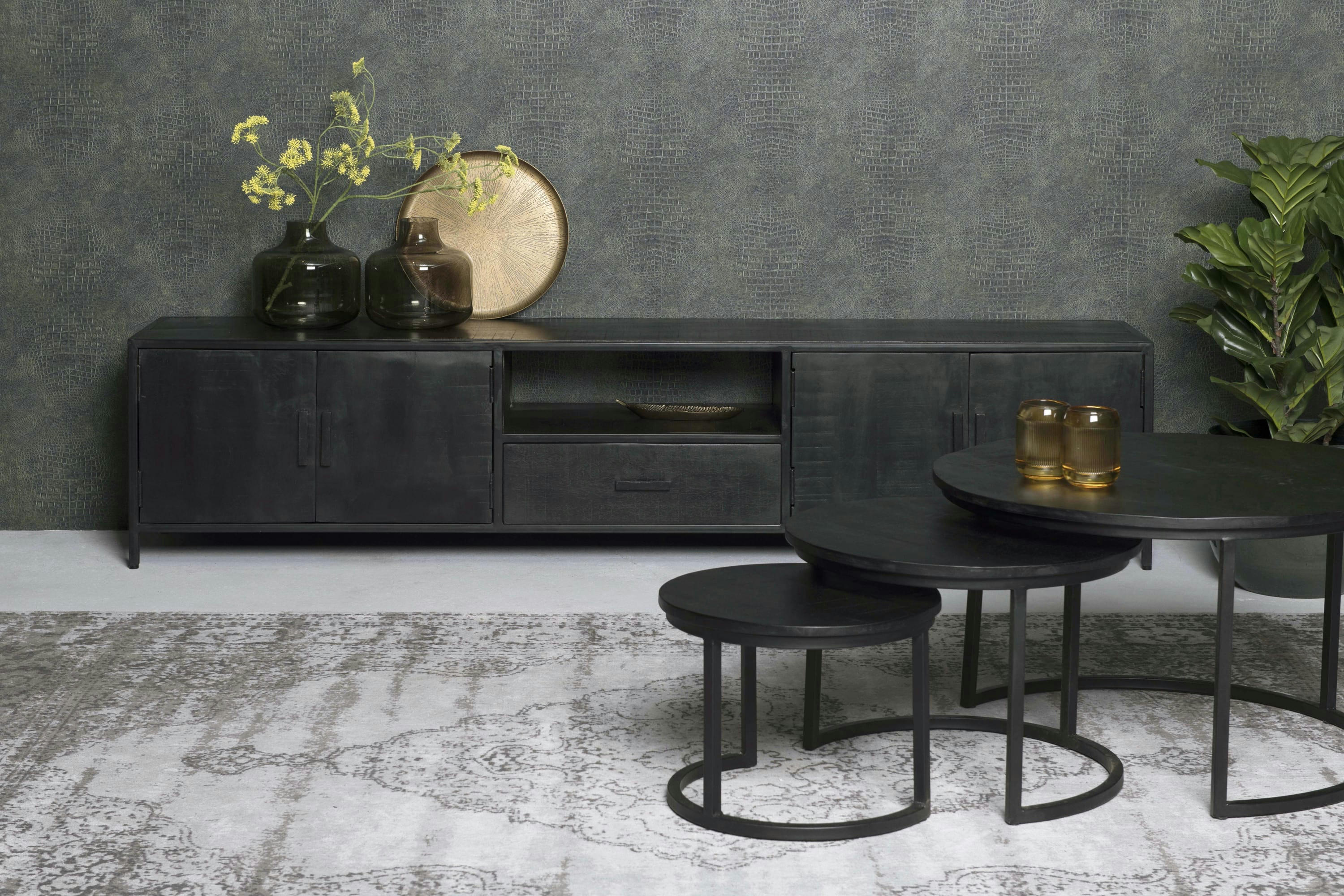 UZES - UZES-Meuble TV 4 portes 1 tiroir L 220, Manguier massif noir et métal