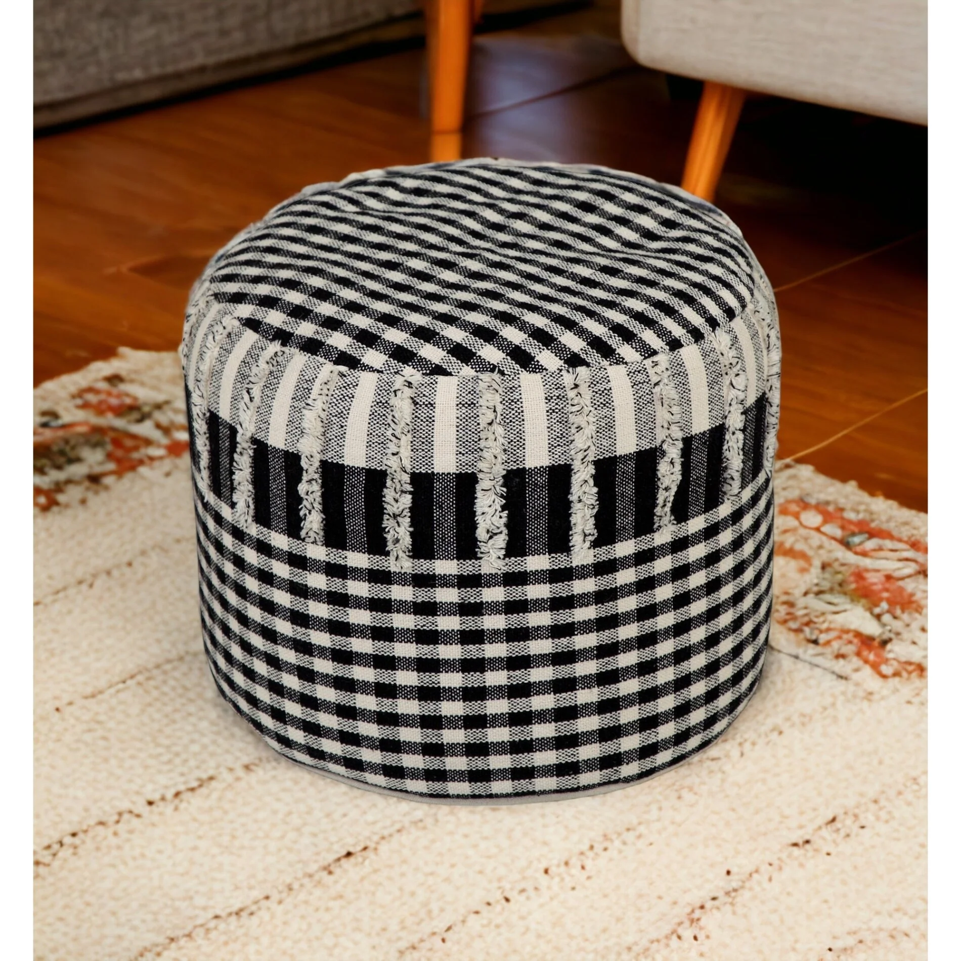 Multi-Purpose Checkered Pouf Ottoman 18” Cotton Upholstered Cylinder Versatile Seating or Footrest