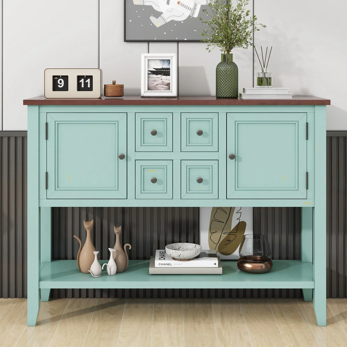 Vintage Blue Buffet Sideboard Console Table with Bottom Shelf