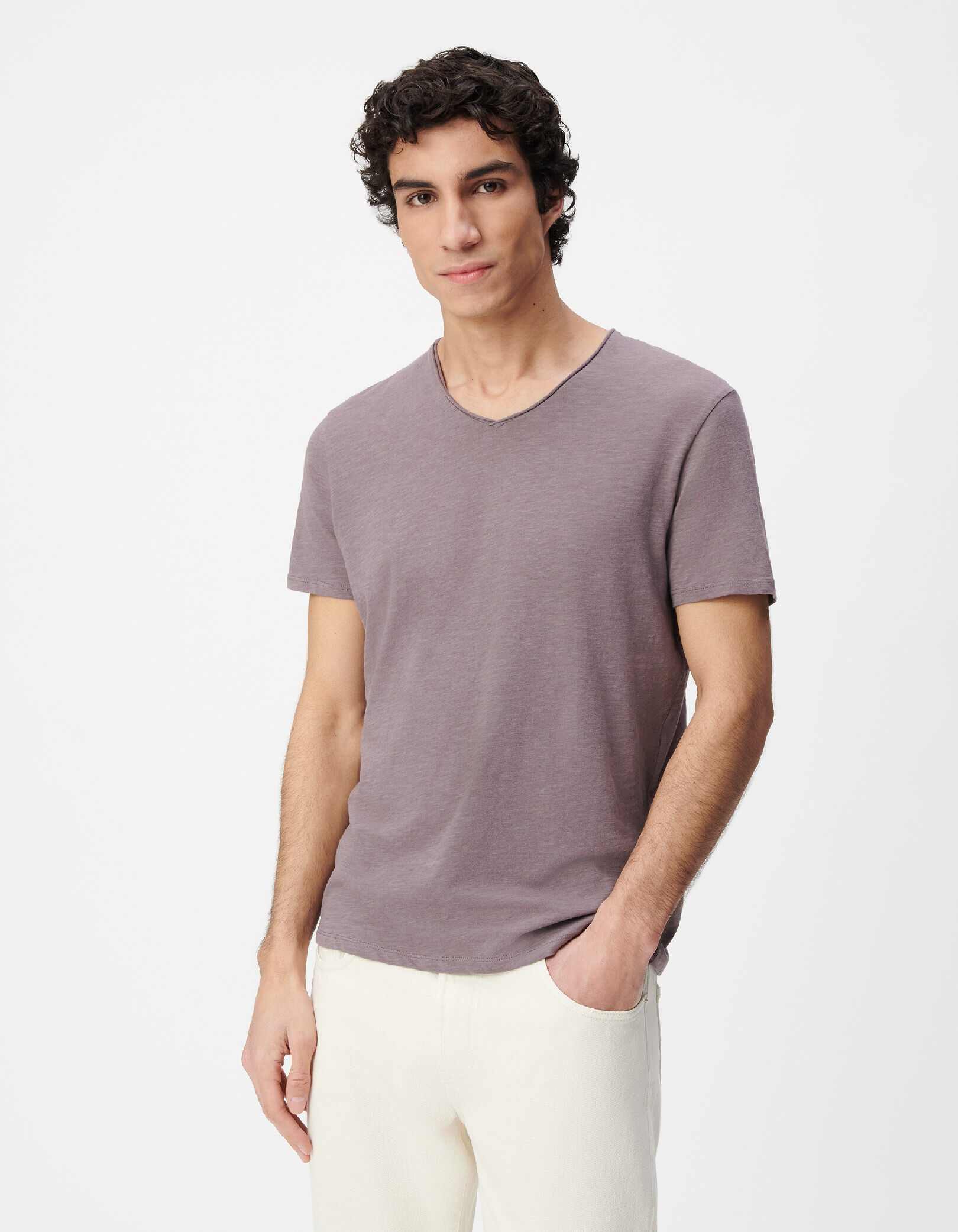 T-shirt encolure V parme coton bio flammé Homme