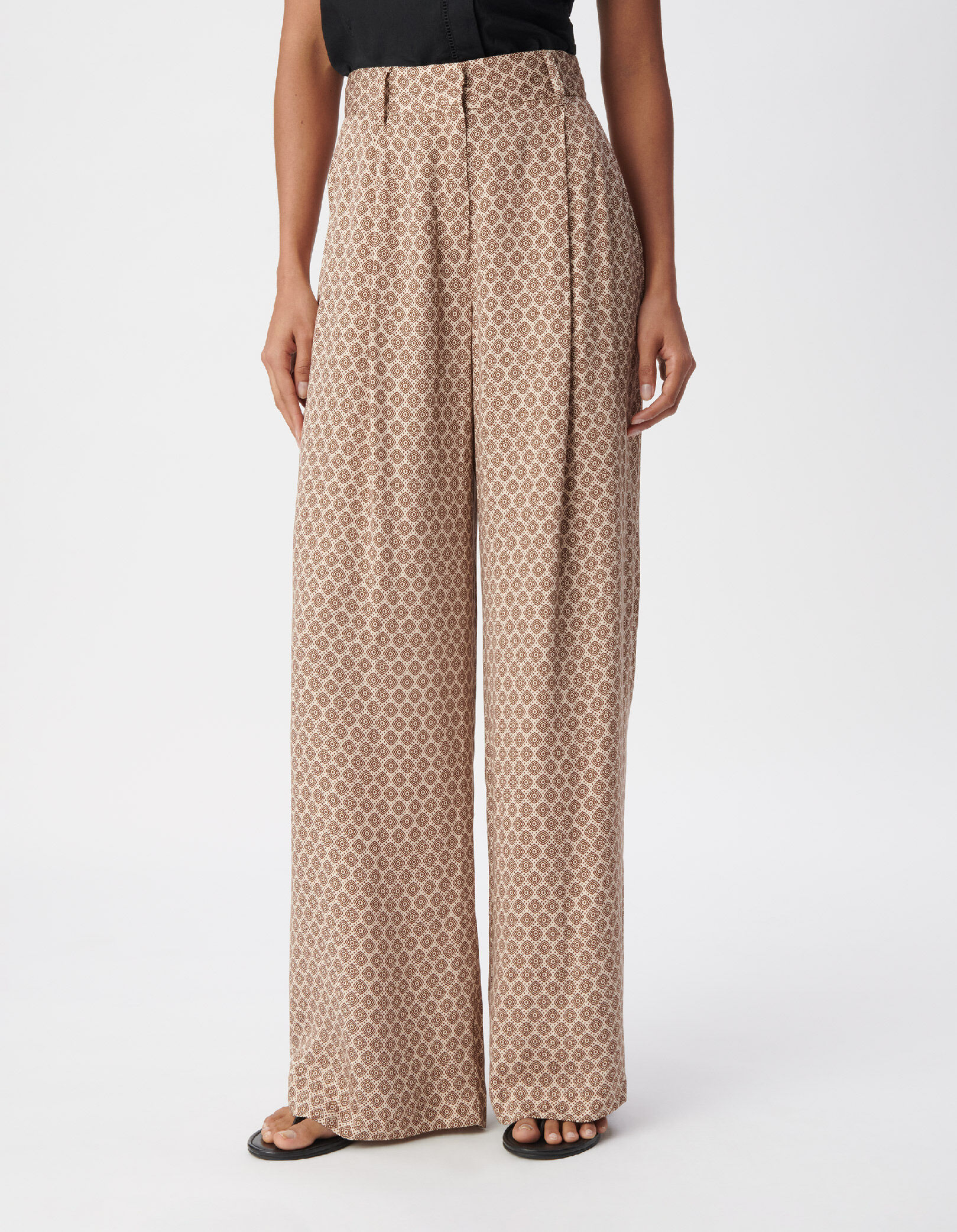 Pantalon large beige motif géométrique Femme