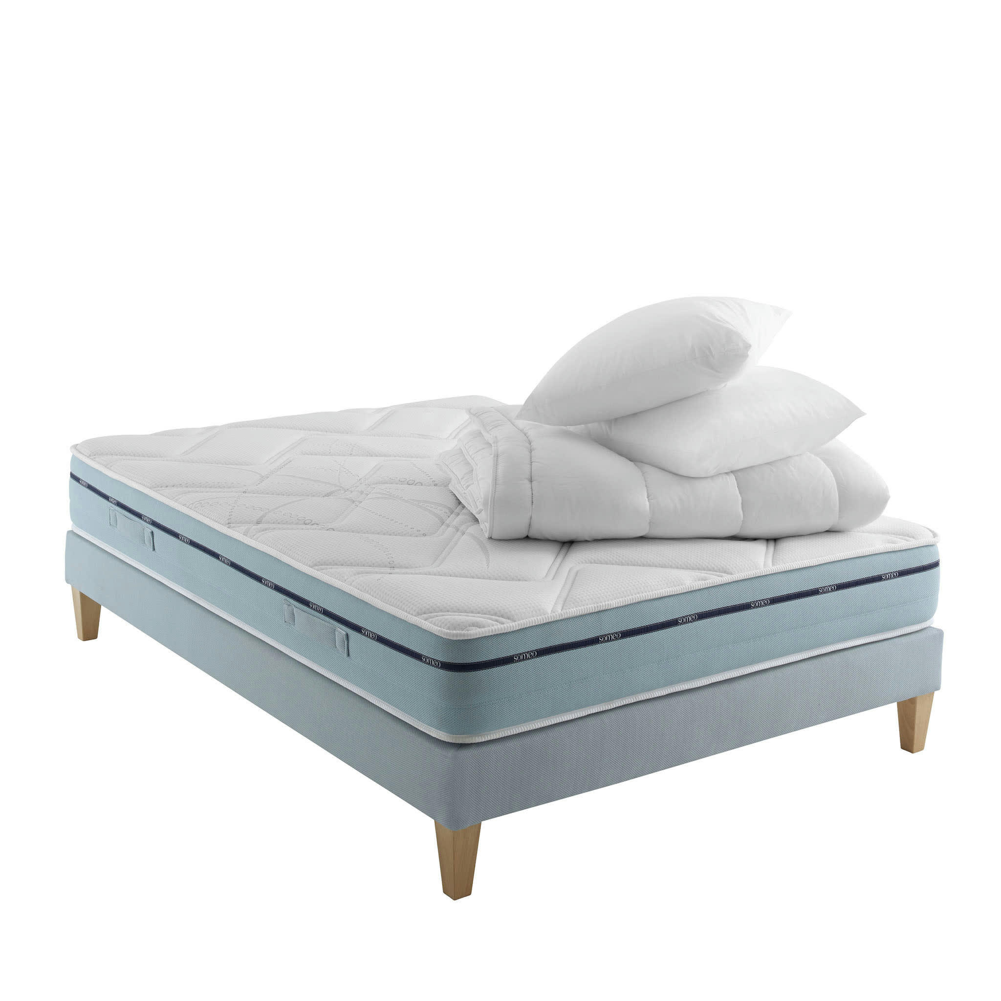 SONGE 500 - Ensemble matelas mémoire de forme, sommier, pieds, couette 140x200