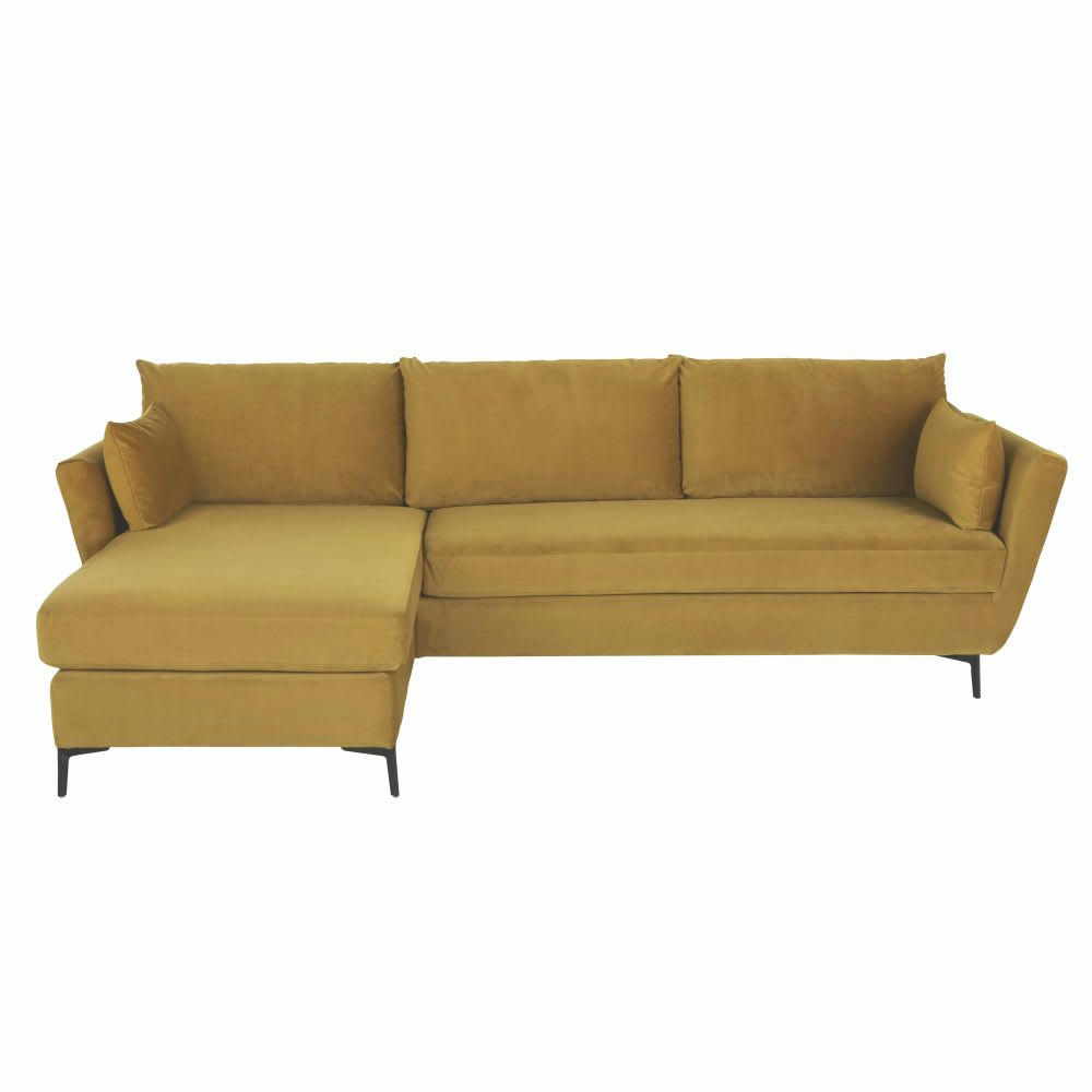 Prague - Canapé d'angle gauche convertible 2/3 places en velours jaune moutarde, matelas 10 cm