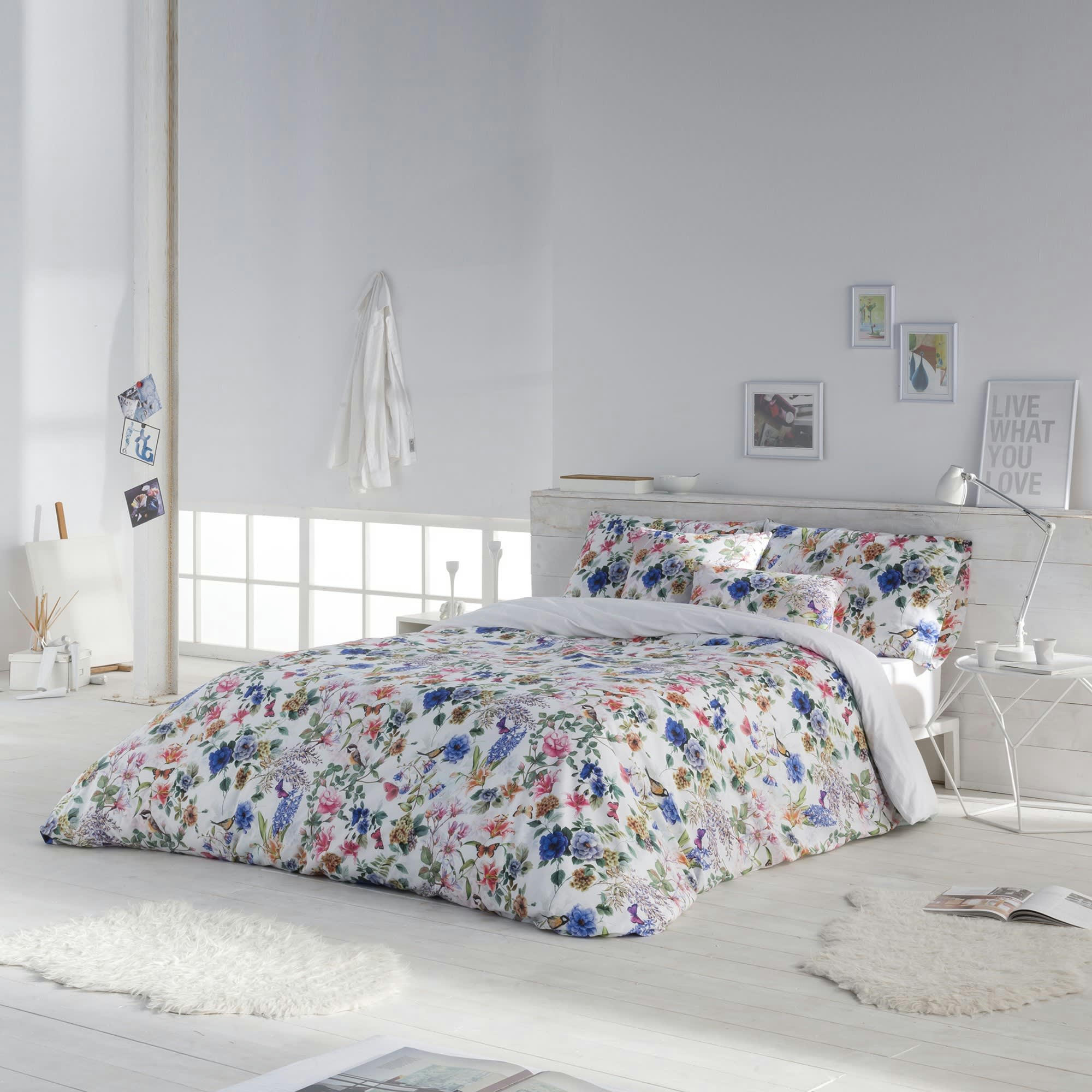 FORESTA - Housse de couette imprimé floral en percale Coton Bleu 220x220 cm