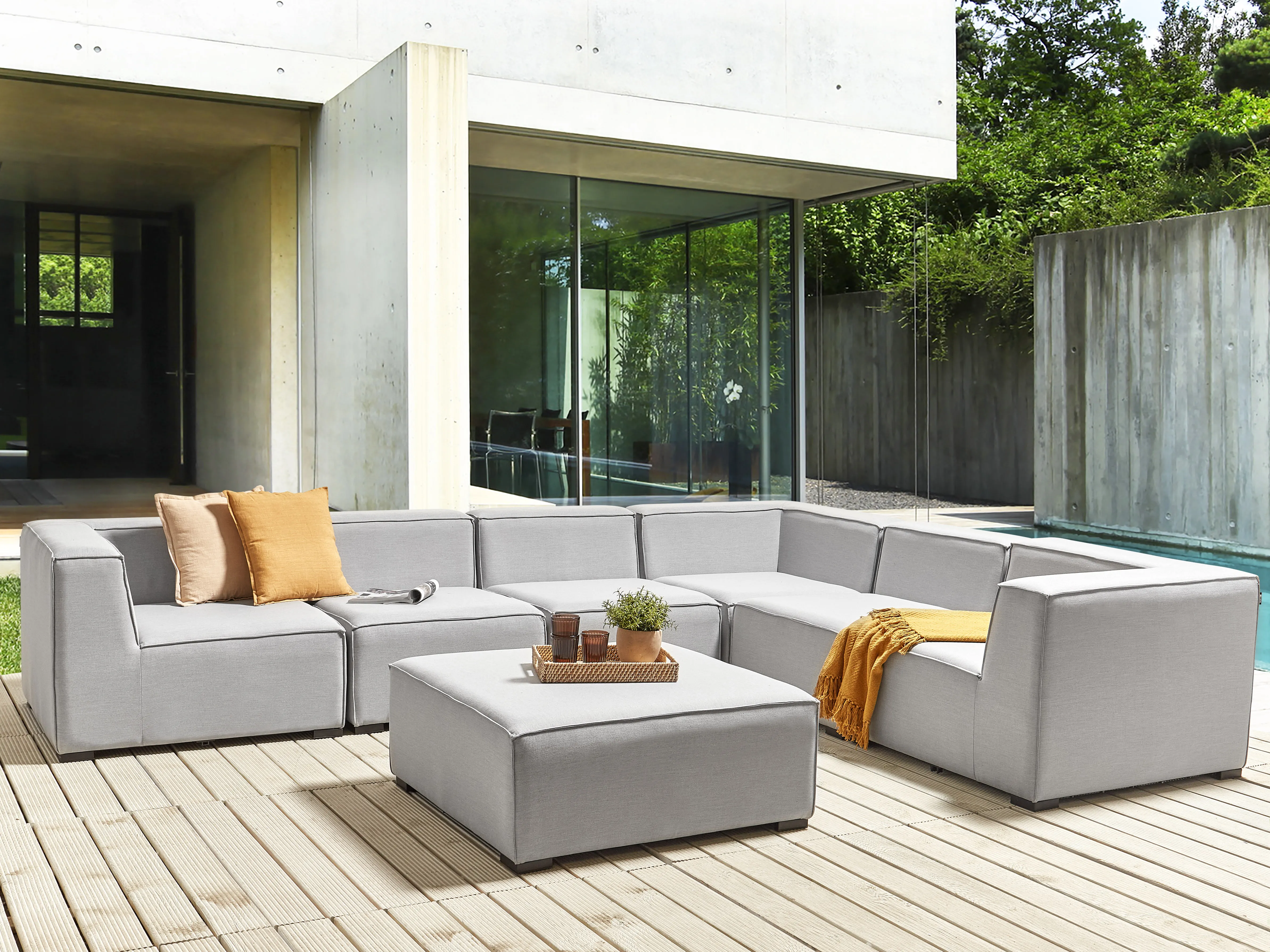 Garden Corner Sofa with Ottoman 7 Seater AREZZO Left Hand Modular Light Grey