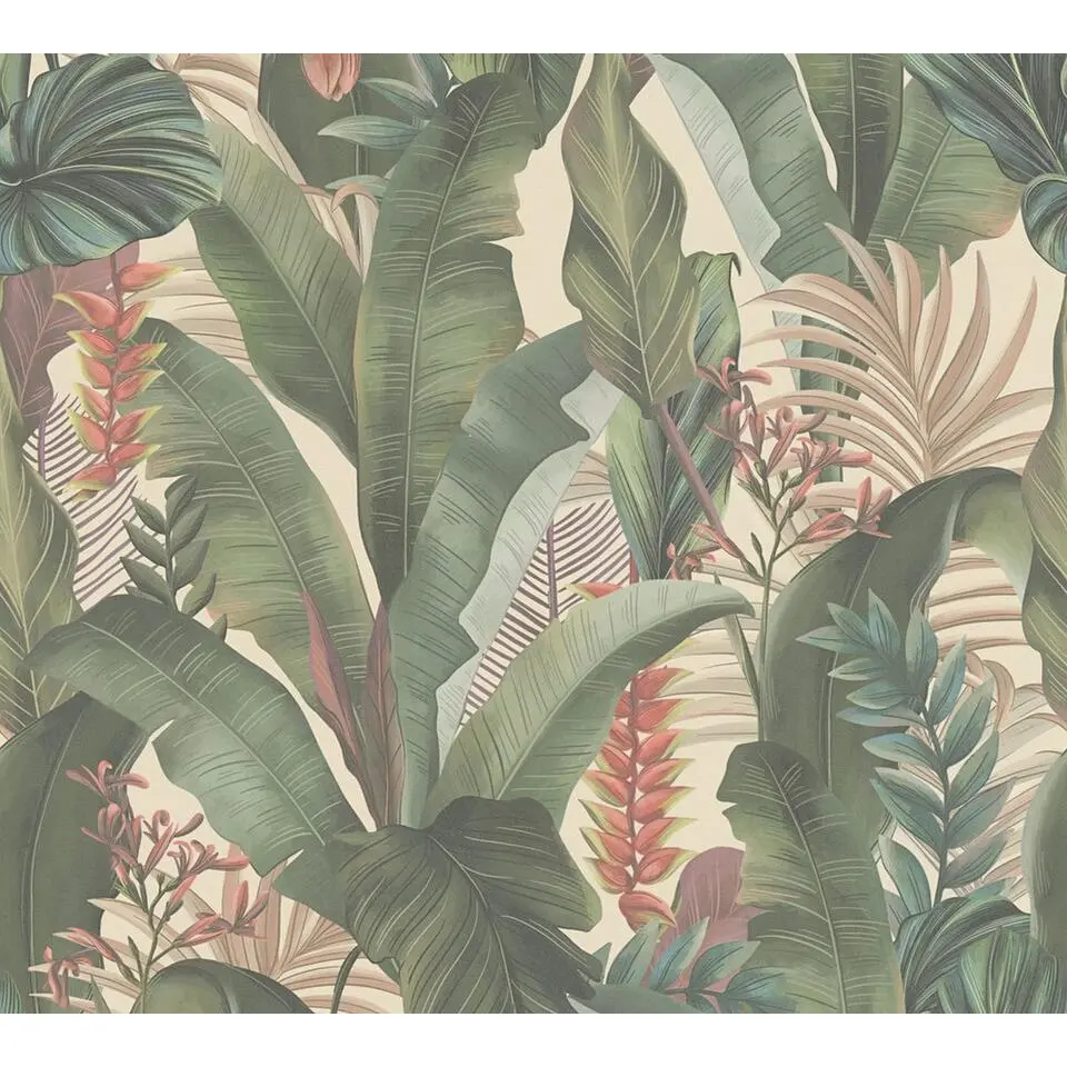 Livingwalls behang tropische bladeren beige, groen, roze en rood