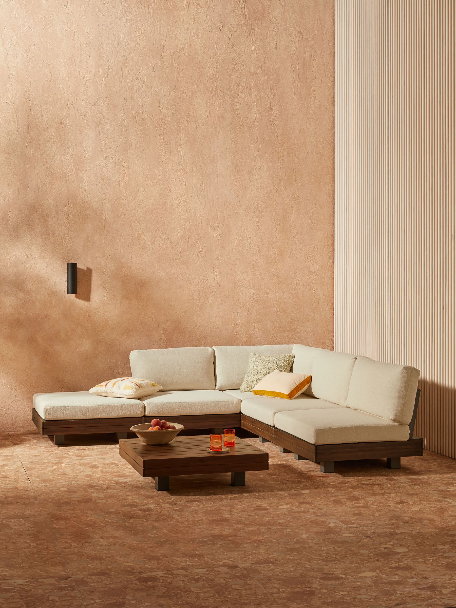 Avarna Garden Wood Corner Lounge Set in Off White Boucle