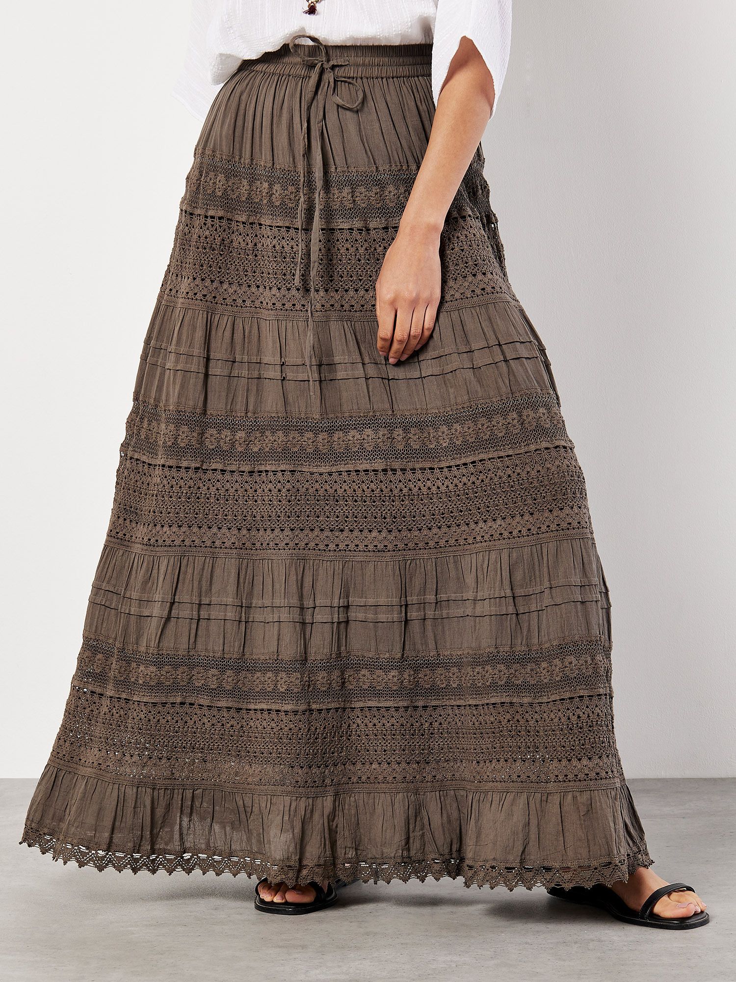 Apricot Cotton Crochet Lace Tiered Maxi Skirt