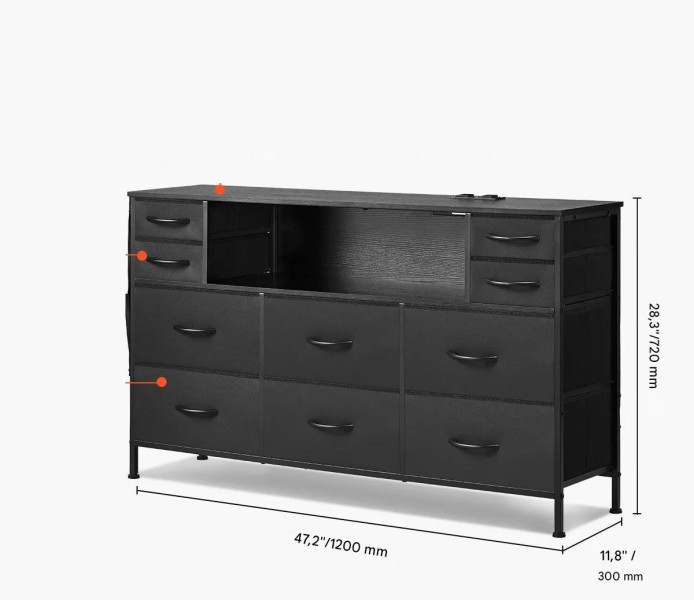 Komoda 10 szuflad materiałowa z półką LED gniazdko - do sypialni, garderoby