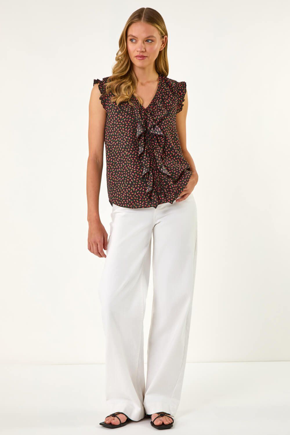 Roman Floral Print Ruffle Front Top