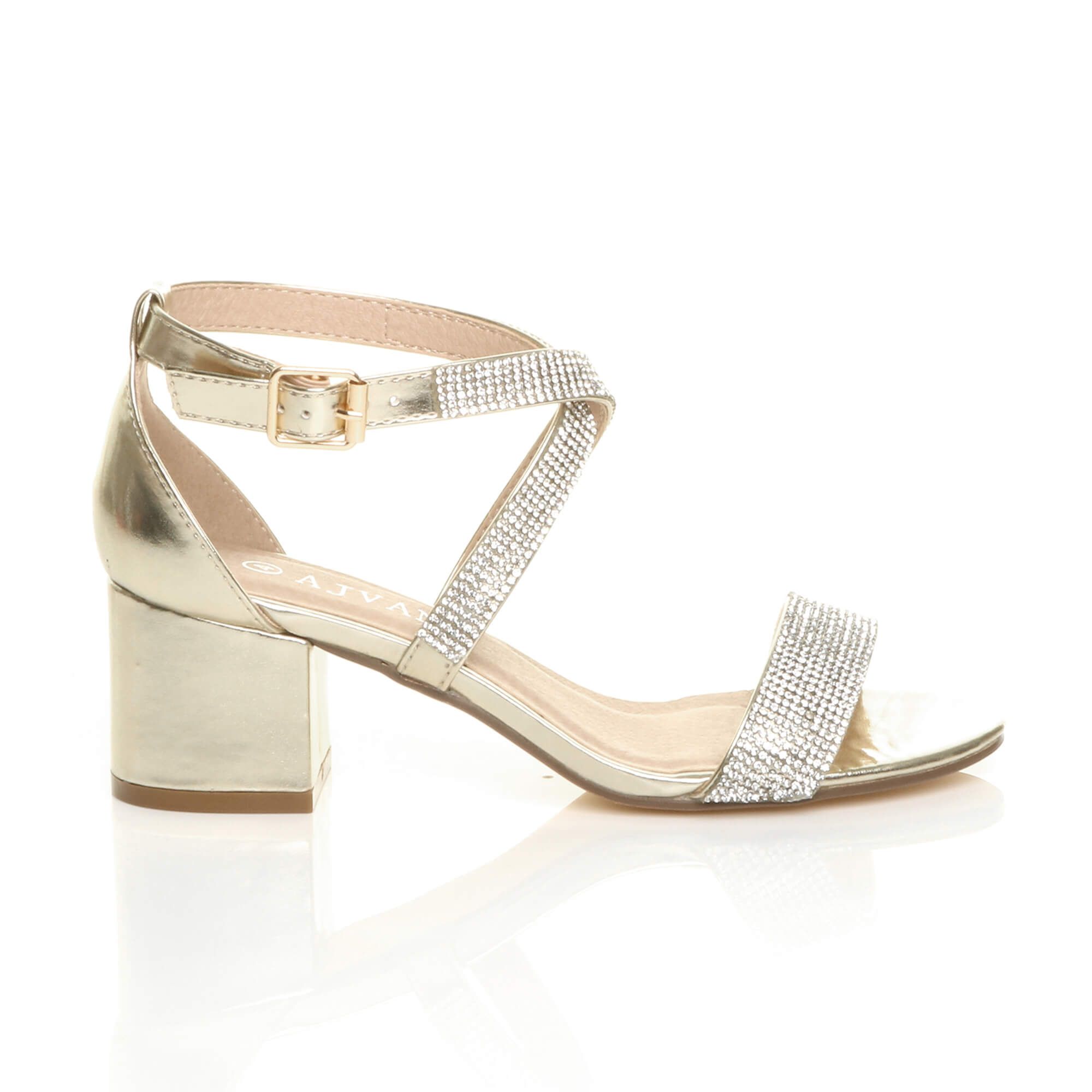 AJVANI Mid Block Heel Crossed Straps Diamante Sandals