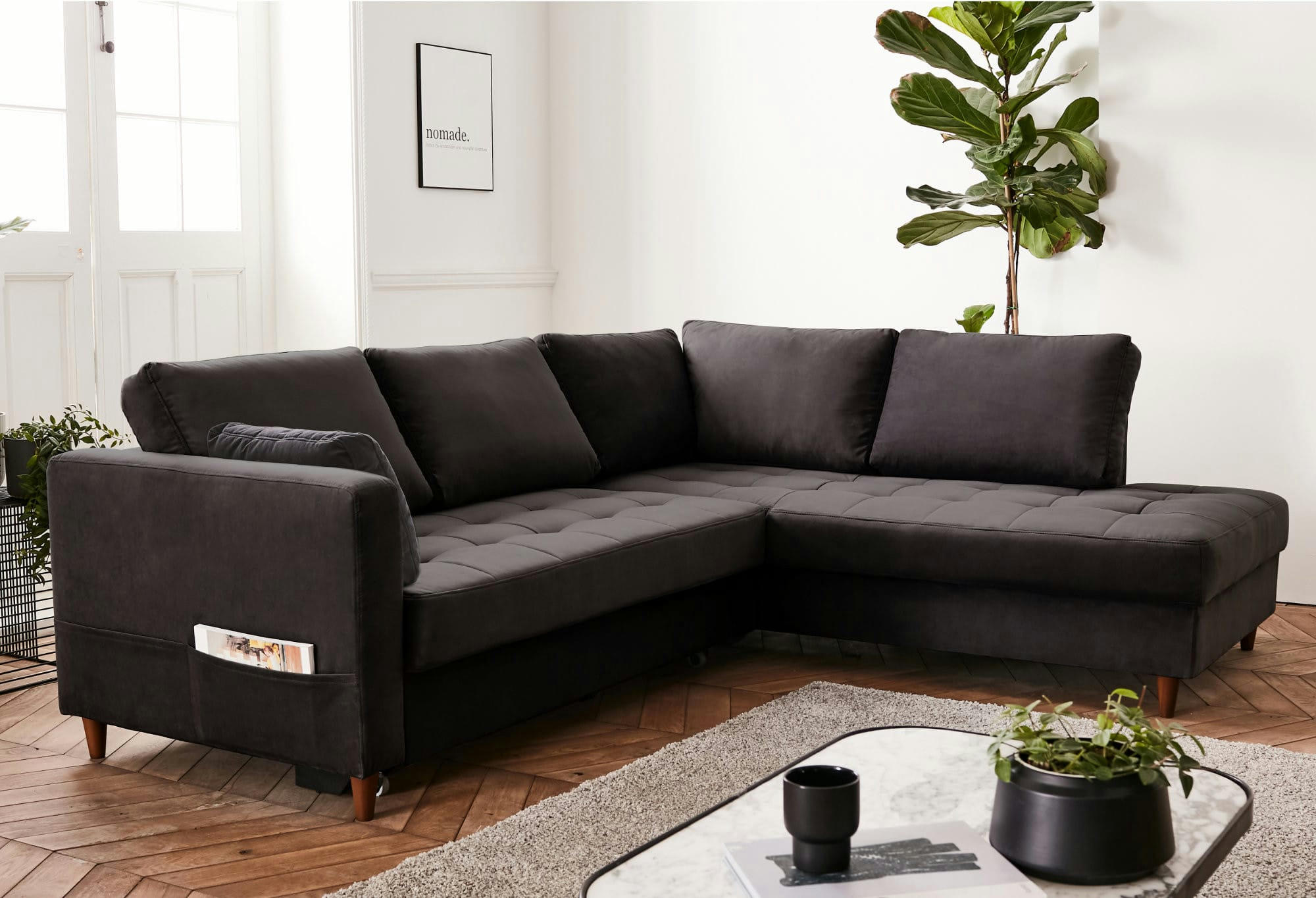 ANNA - Canapé d'angle droit convertible 5 places en velours gris foncé