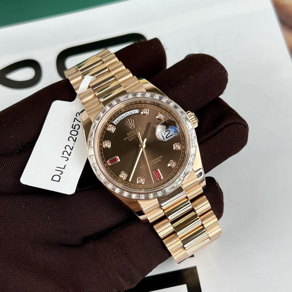 Rolex Day-Date RG Plated Chocolate Dial Baguette Diamond 36mm Super Clone