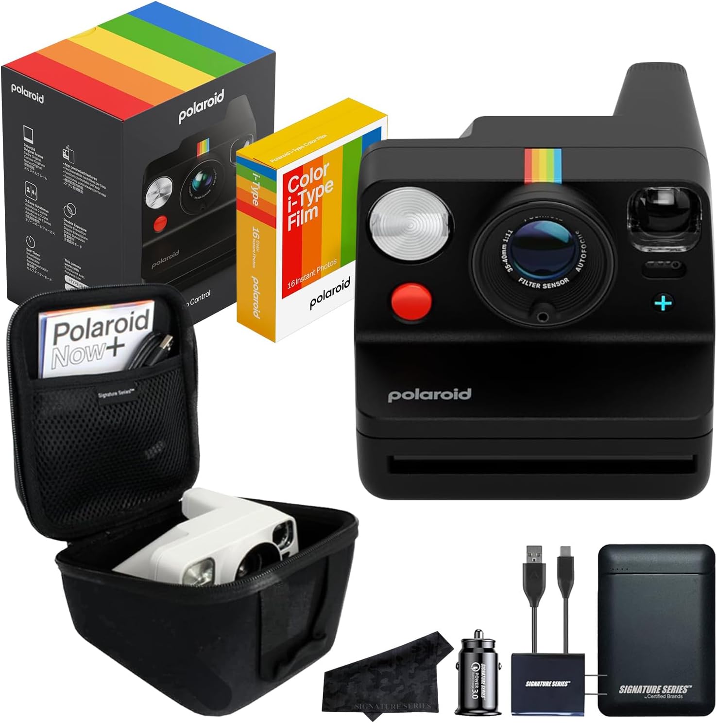 Polaroid Now+ 3rd Generation I-Type Instant Film Camera  Black - Bluetooth Connected App Controlled with 16 Color Film Photos  Signature Series EVA Hardcase Case and Power Bundle