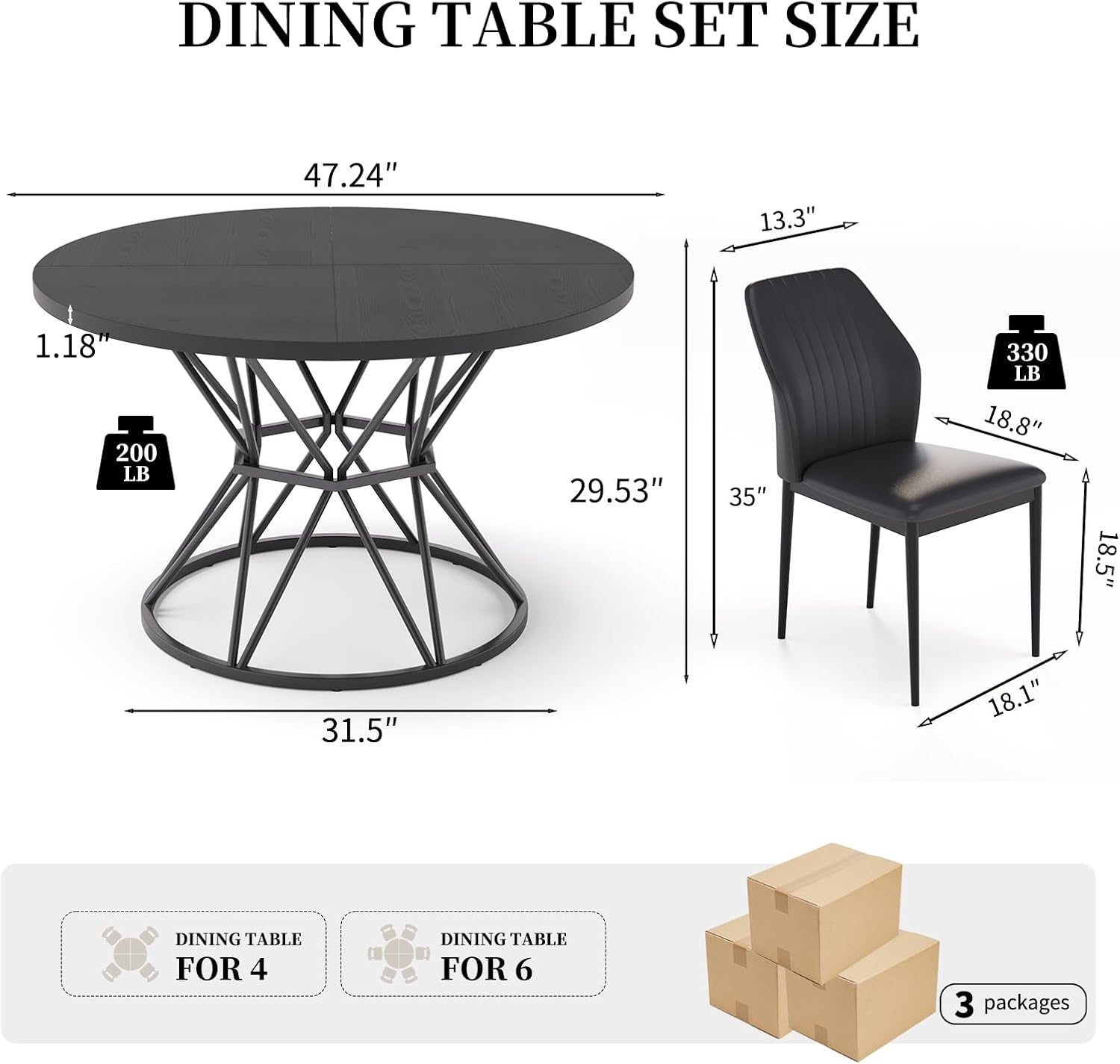 47.24 Round Dining Table Set for 6, 7 Piece Dining Room Table Set, Circle Kitchen Table and Chairs for Dining Room, Living Room, Kitchen, Apartment(Black Table + 6 Black Faux Leather Chairs)