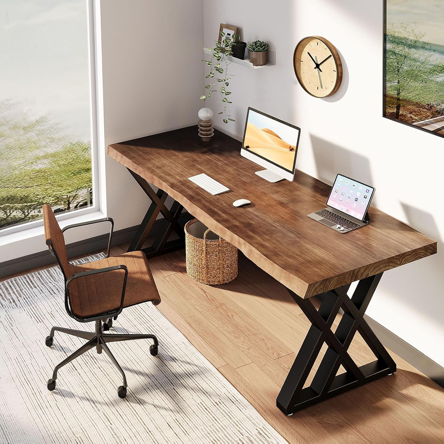 Solid Wood Computer Desk Study Office Desk 55 Writing Desk, Modern Simple Style PC Table, Black Metal Frame, Solid Wood Planks 55 D x 27 W x 29 H for Home Office Bedroom,Rustic Brown