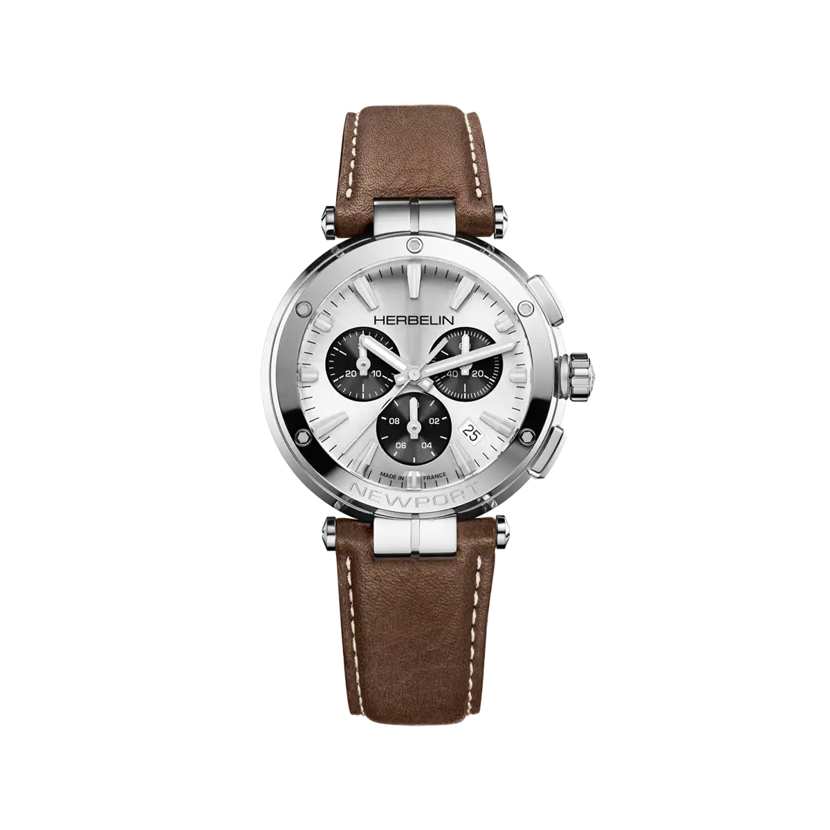 NEWPORT – CHRONOGRAPHE – BLANC, GRIS & CUIR BRUN