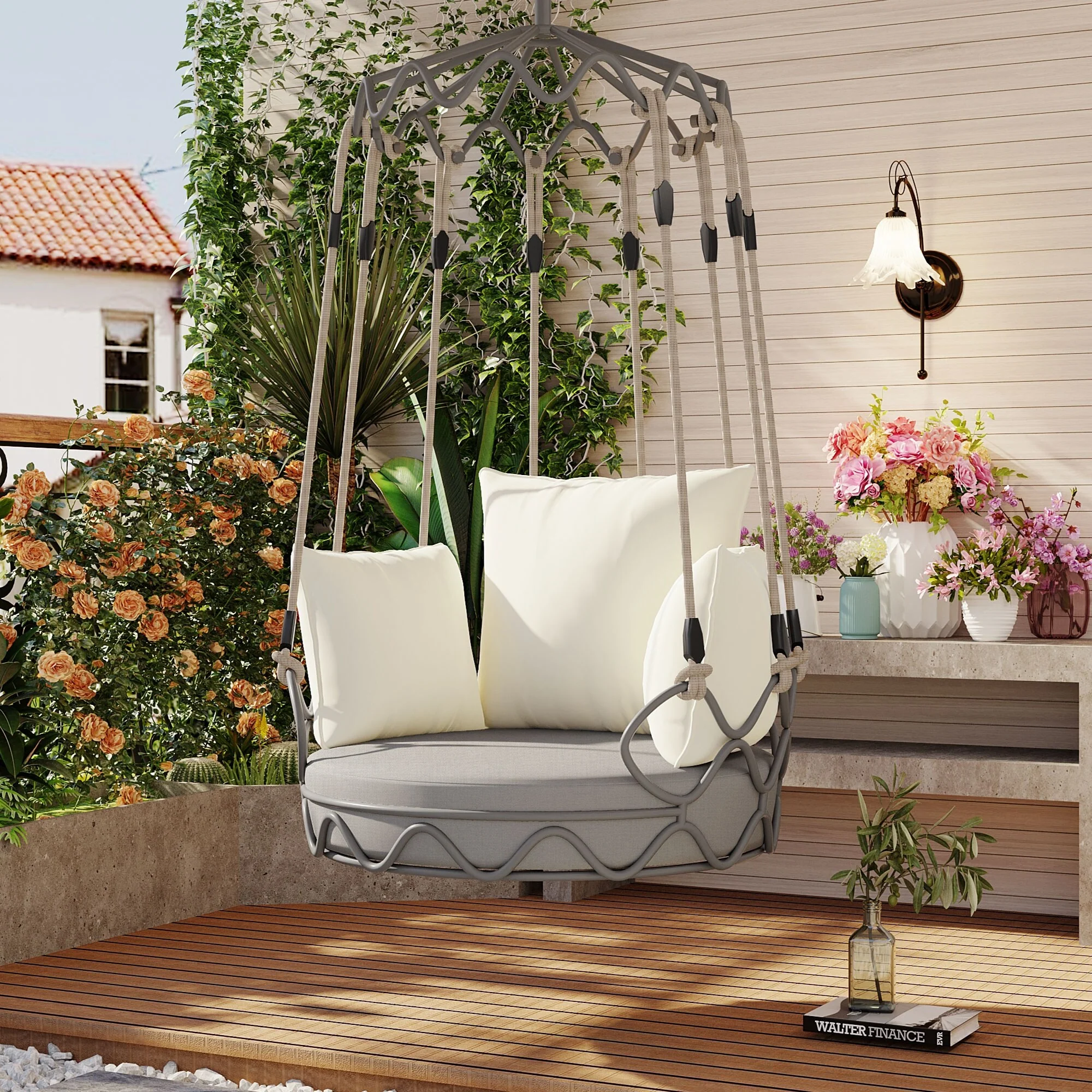 Outdoor Porch Swing Chair Hanging Basket, Hanging Chair with UV Resistant Cushion, Olefin Fabric for Patio Porch