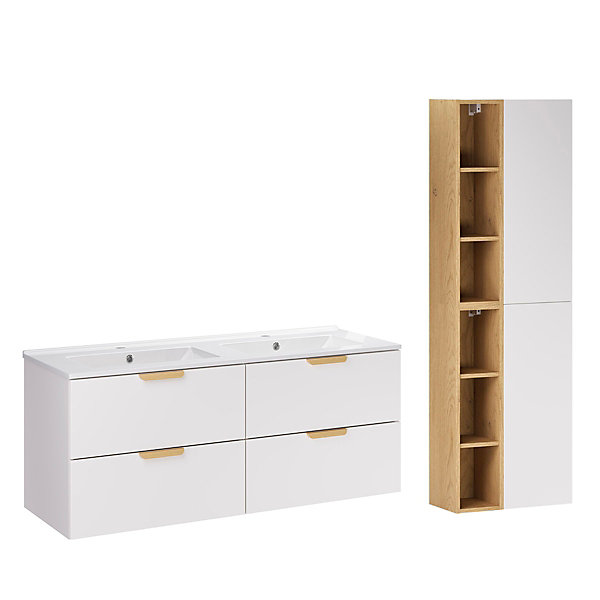 Ensemble meuble double vasque encastree 120cm et colonne Oria Blanc mat