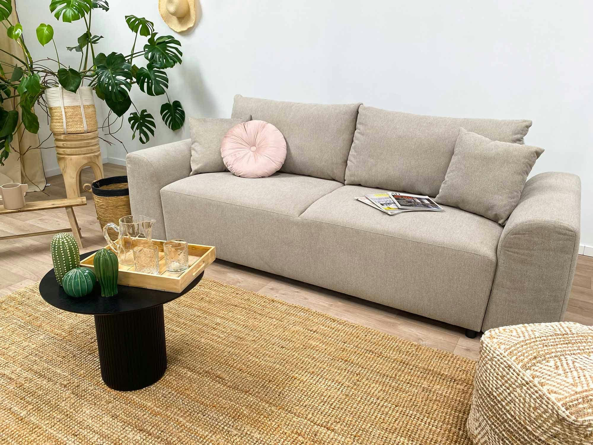 AMARYLLIS - Canapé droit convertible 3 places en tissu beige