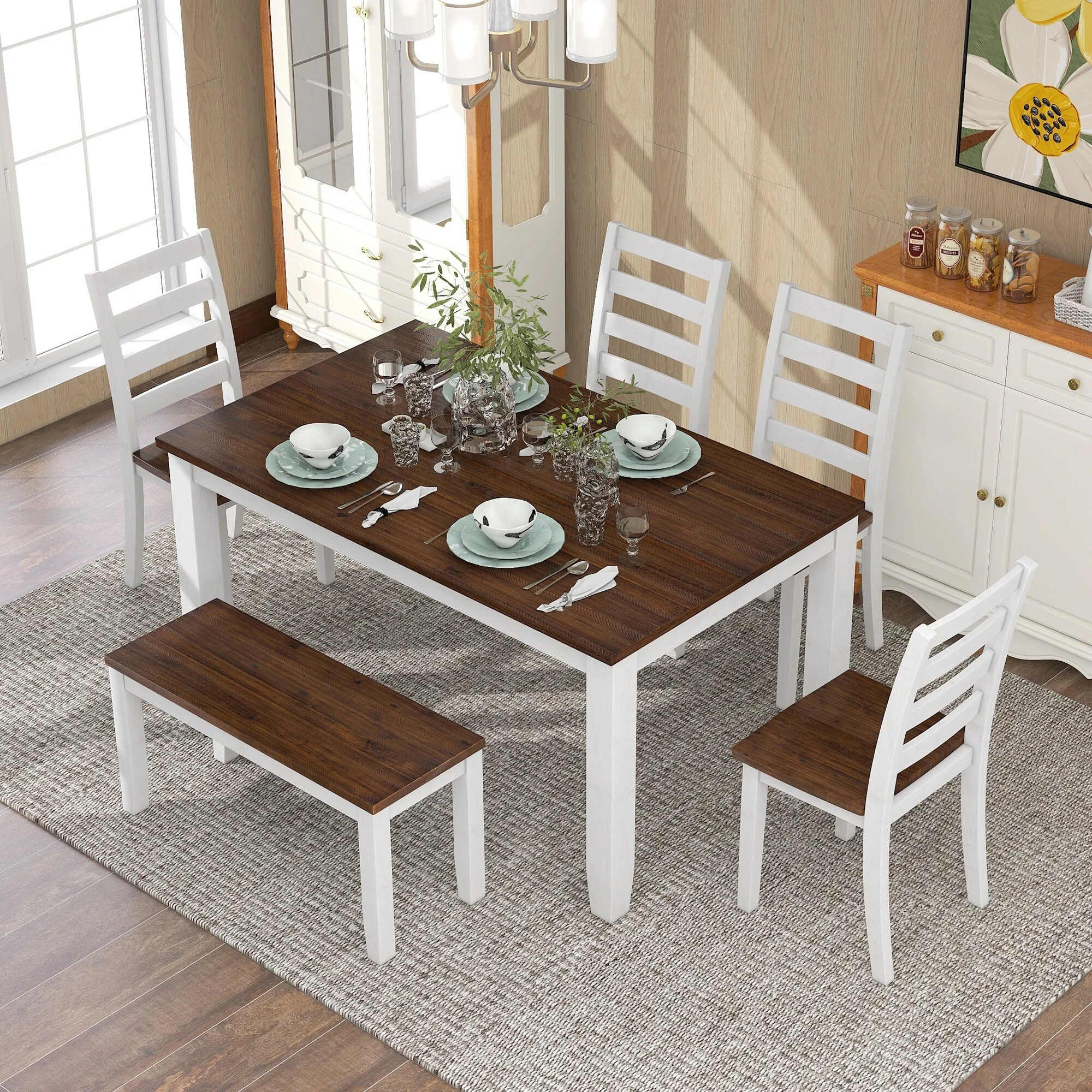 6-Piece Wooden Dining Table Set with 4 Ergonomic Chairs & Bench