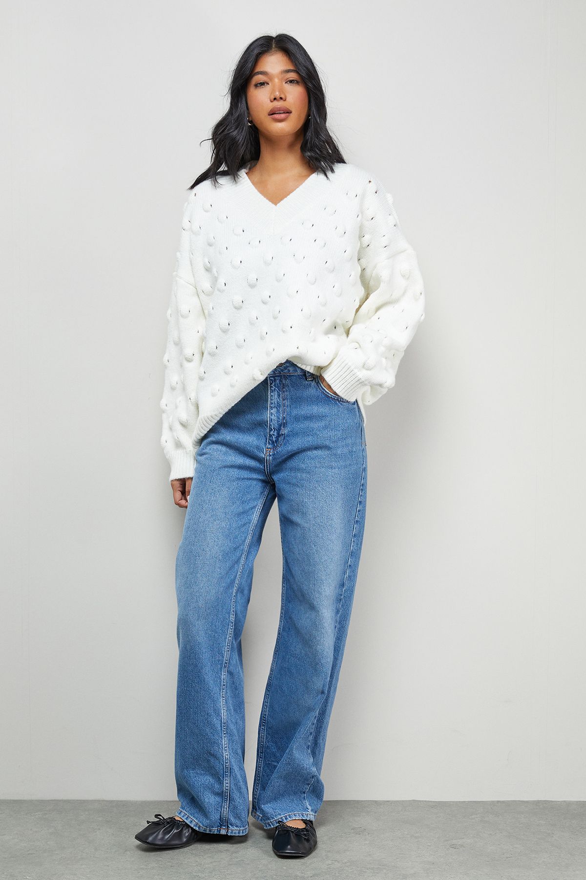 Warehouse Bubble Knit Slouchy V Neck Jumper