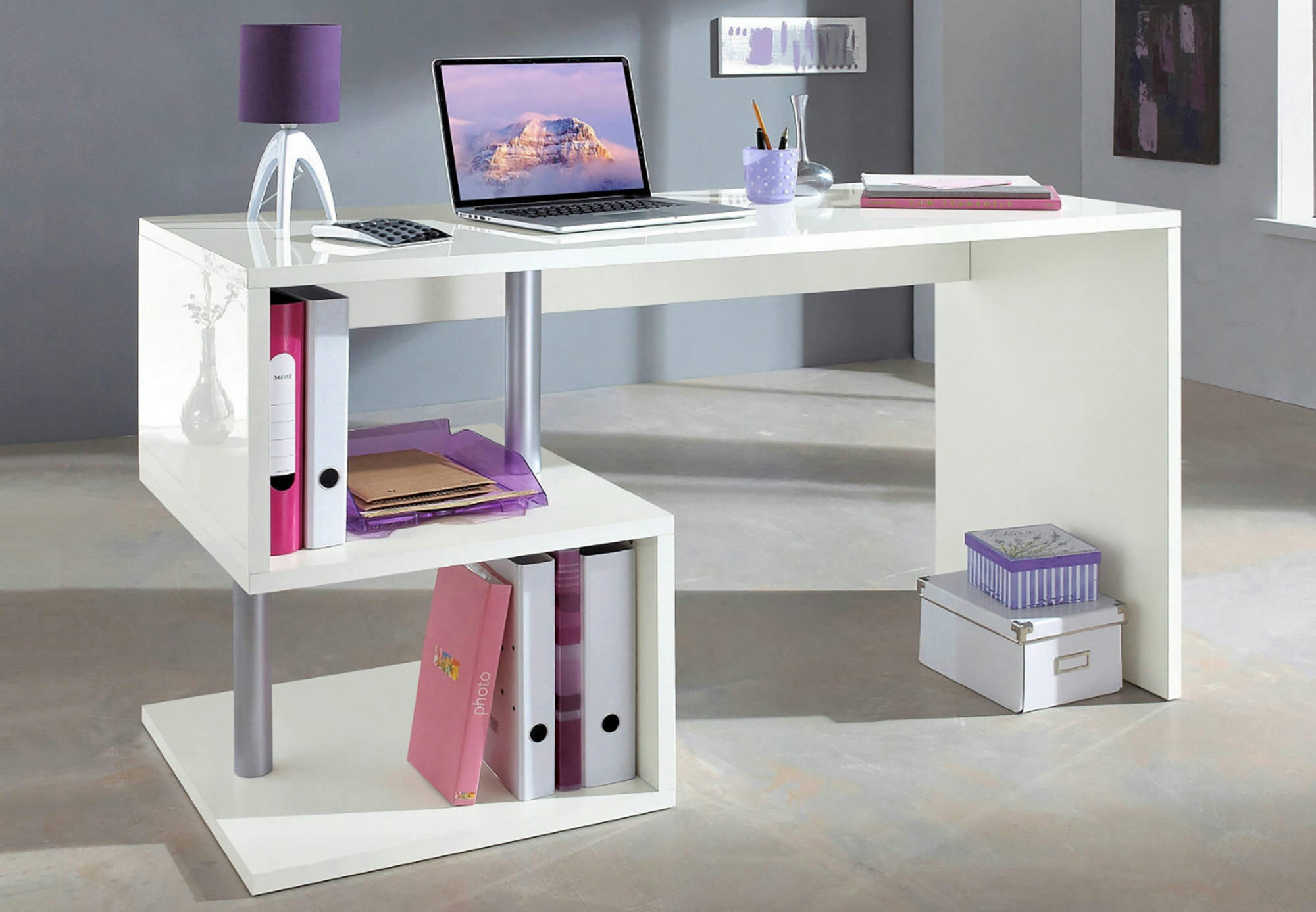 VALERIO - Bureau effet bois blanc brillant 140x60h78 cm