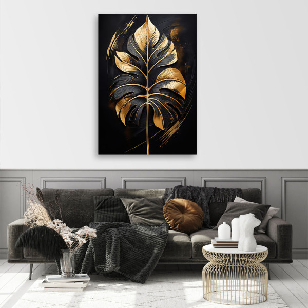 Feeby Obraz na płótnie, Liść Monstery Czarno Złoty 40x60