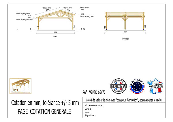 Carport 2 pentes faitage décalé 650cmx700cm, Bois DOUGLAS Français(Charpente en bois-auvent-abri voiture) 45 m².Garantie 10 ans
