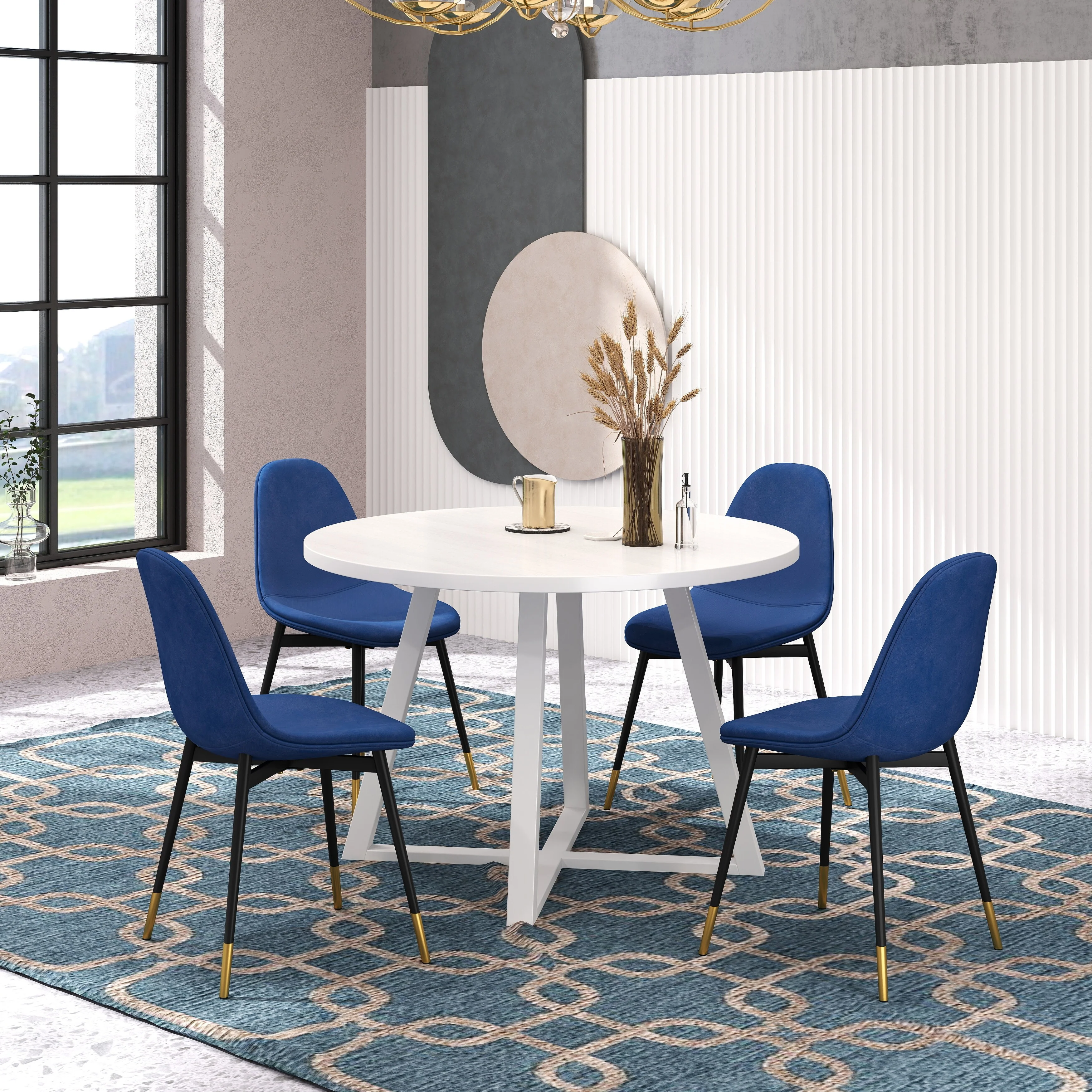 5 Piece Modern Round Dining Table Set, 45 Wooden Table with 4 Velvet Upholstered Chairs and Metal Leg, for Breakfast Nook