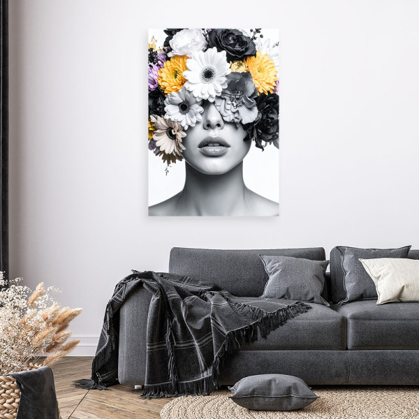 Obraz do salonu sypialni, Portret Kobieta z kwiatami na głowie 20x30