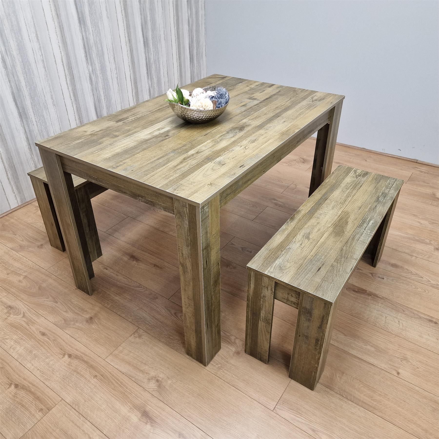KOSY KOALA Rustic Effect Wood Dining Table Set with 2 Rustic Benches Dining Room Furniture