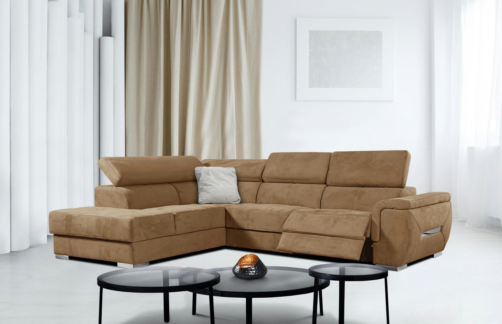 KELTE - Canapé d'angle gauche 5 places avec une relaxation tissu marron noix