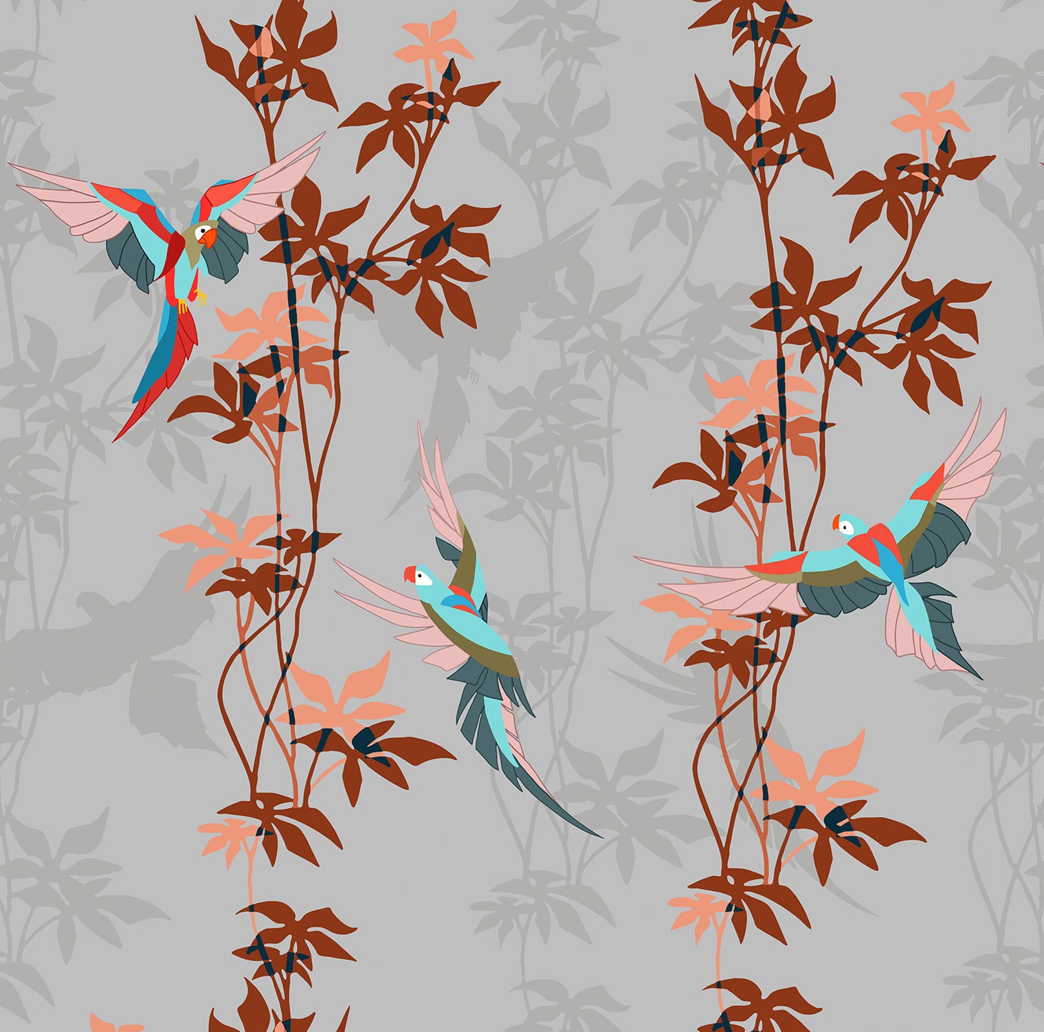Walls4You behang tropische planten grijs en terracotta - 53 cm x 10 m - 640111