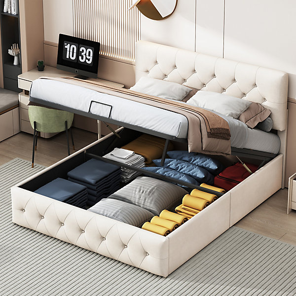 Lit coffre 140 x 200 cm,lit double,lit adulte,lit rembourré,avec sommier à lattes,levier hydraulique,tissu velours,beige