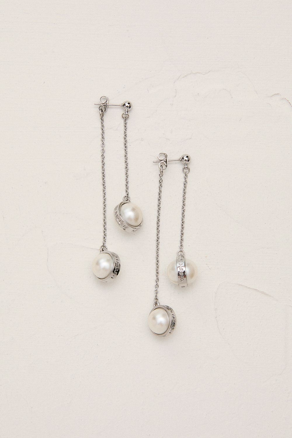 KarenMillen Silver Tone Logo Pearl Double Drop Earrings
