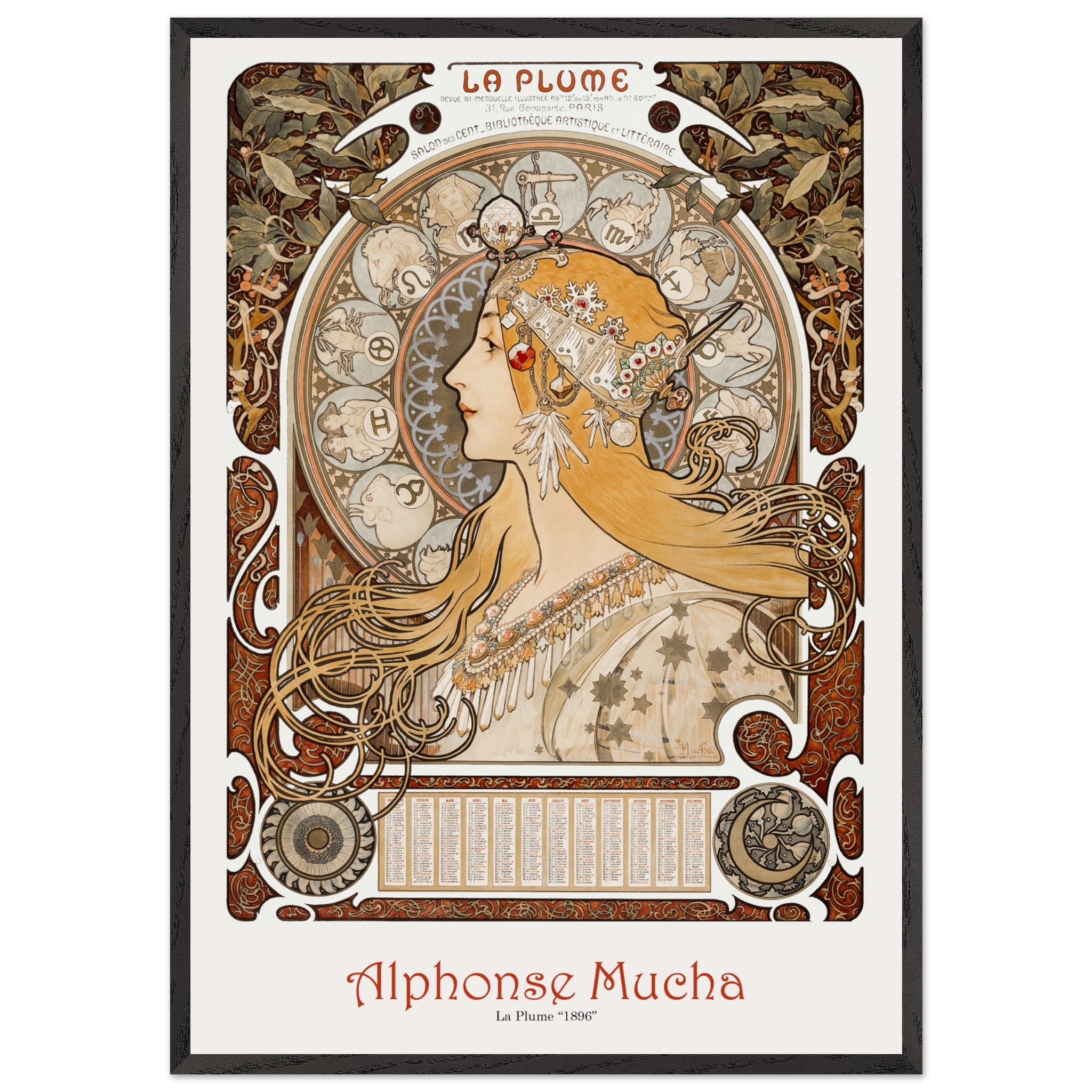 Artfulprints Poster met Lijst Alphonse Mucha - La plume  - 70x100 cm - Bruin